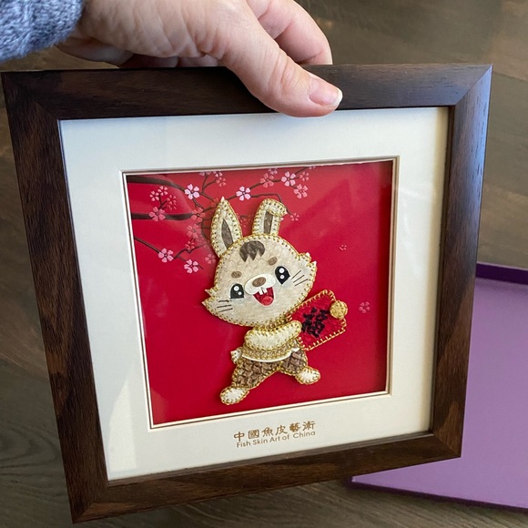Chinese framed folk art handmade fish skin year of rabbit - Picture 1 of 7